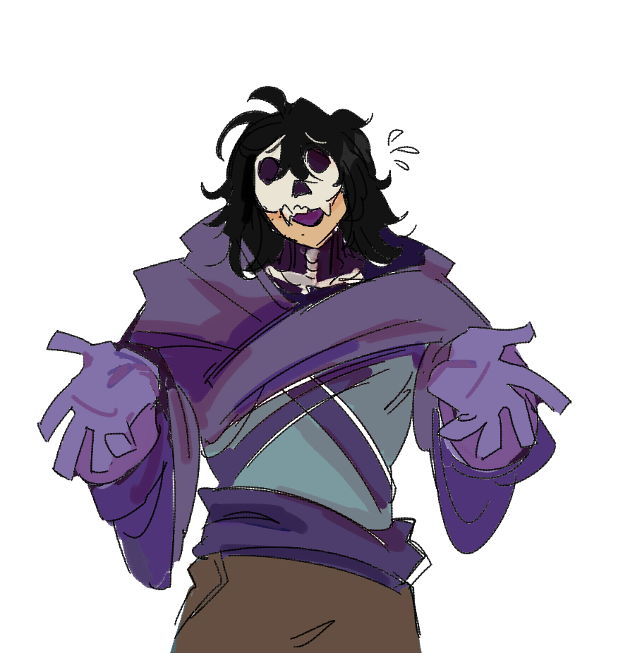 A drawing of Missa. He is humanoid with light skin and black hair. Over the majority of his face is a skeleton mask, and he wears a skeleton turtleneck. Over that, he wears the Skeletor outfit, with a large purple cloak wrapped around a blue shirt. He also wears brown pants.